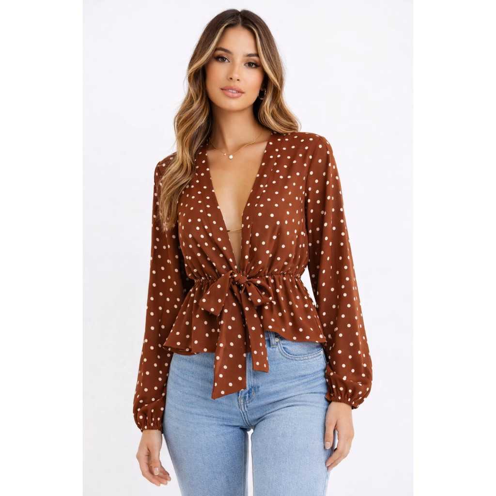 Blusa Peplum Poá Marrom Feminina Manga Longa com Amarração e Elástico na Cintura