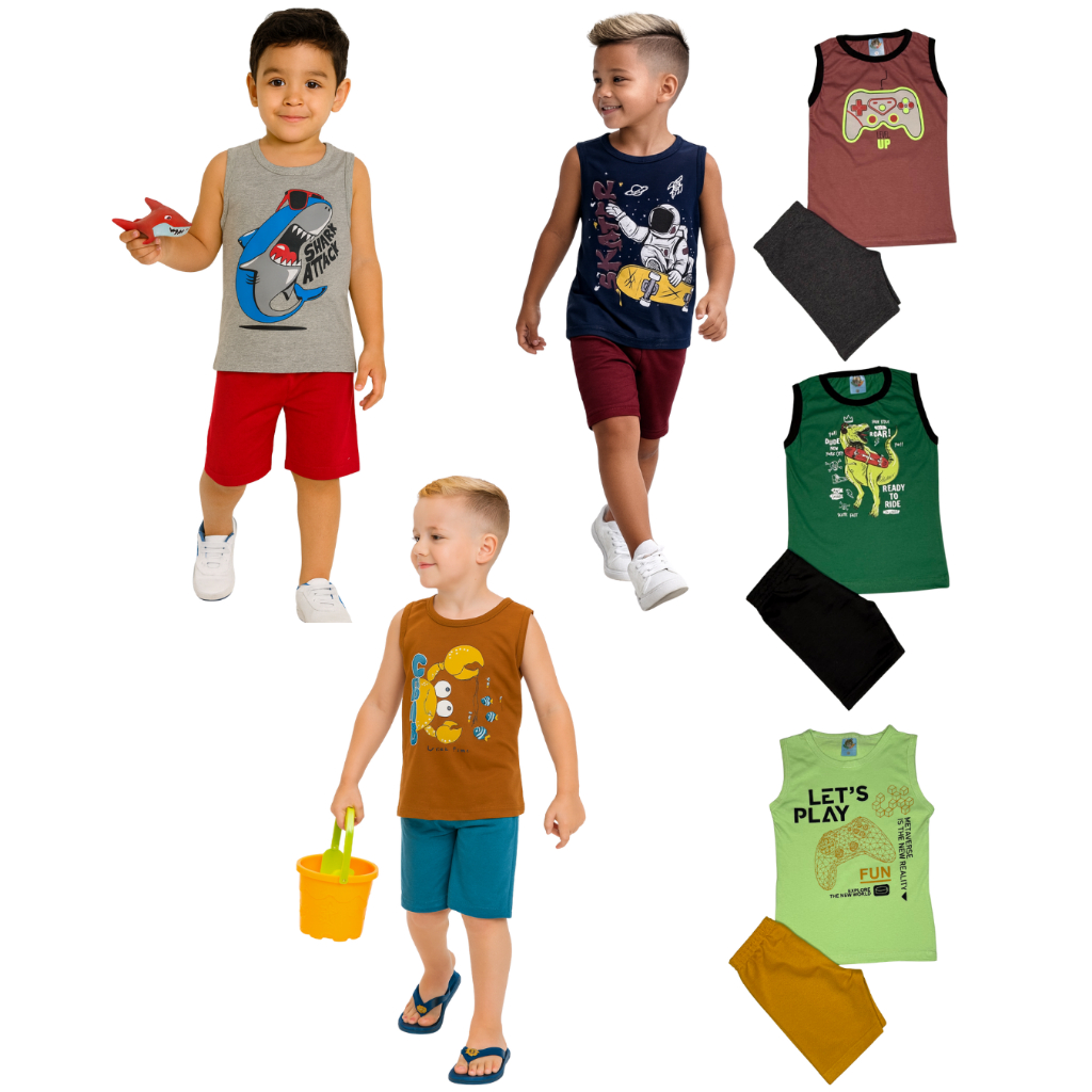 Kit 6 Peças Sortido Roupas Menino Verão 3 Regatas 3 Bermudas Casual em Oferta na Shopee