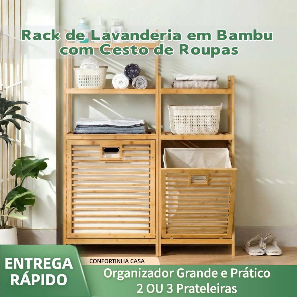 Rack de Bambu para Lavanderia com Cesto de Roupas 2 ou 3 Prateleiras | Organizador Grande