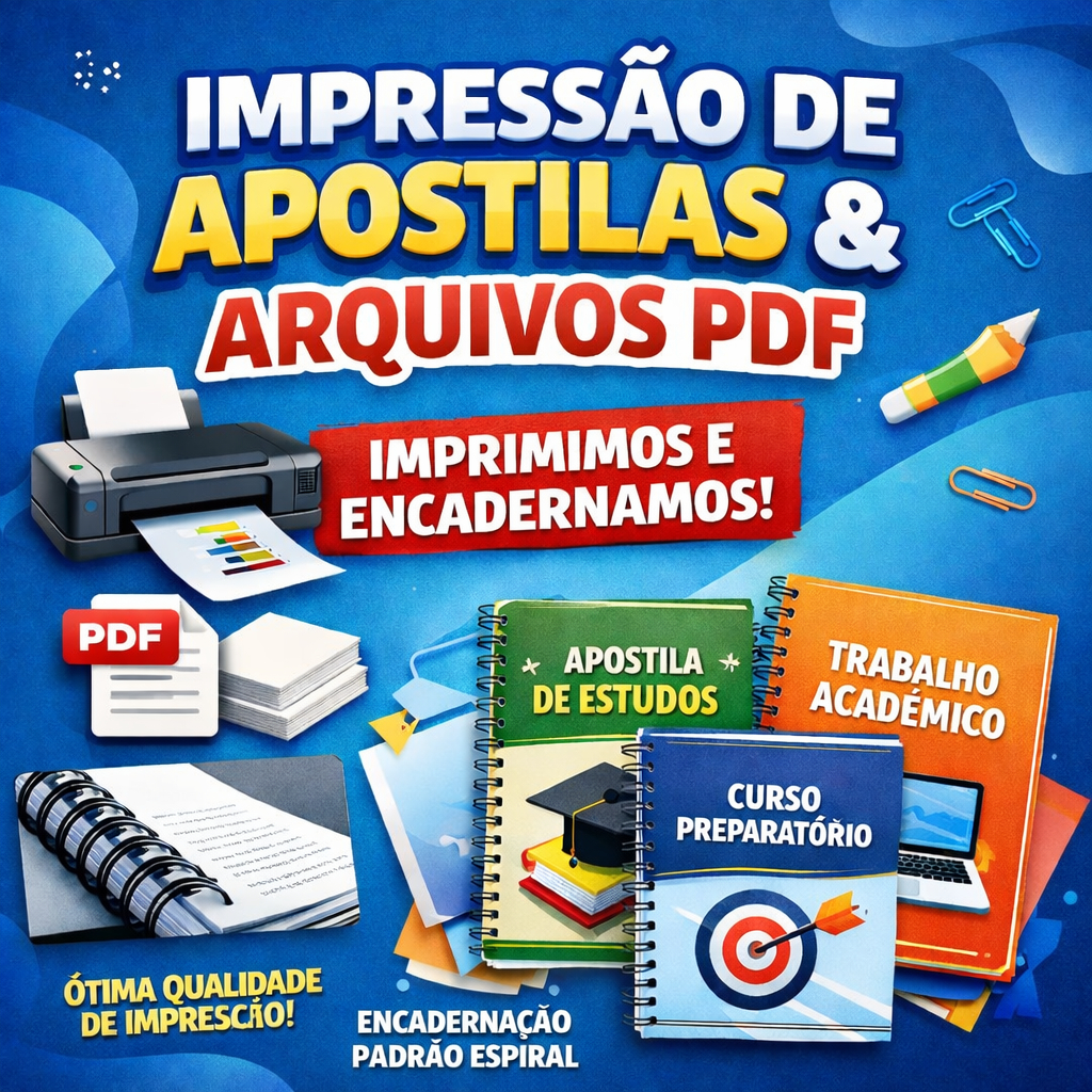 Impressão de Apostilas e Arquivos PDF ATÉ 300 PÁGINAS com Encadernação e Qualidade Premium