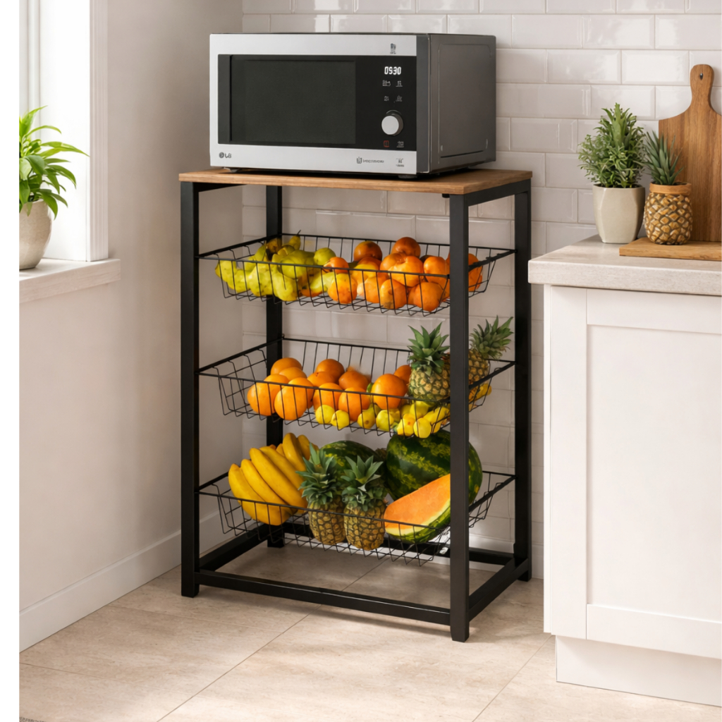 Fruteira Suporte para Micro-Ondas com 3 Cestos de Ferro Tampo de Madeira Organizador para Cozinha