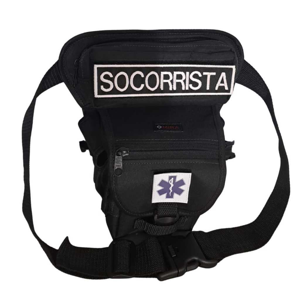 Bornal Pochete de Perna Socorrista Preto 7 bolsos com Cinto Removível