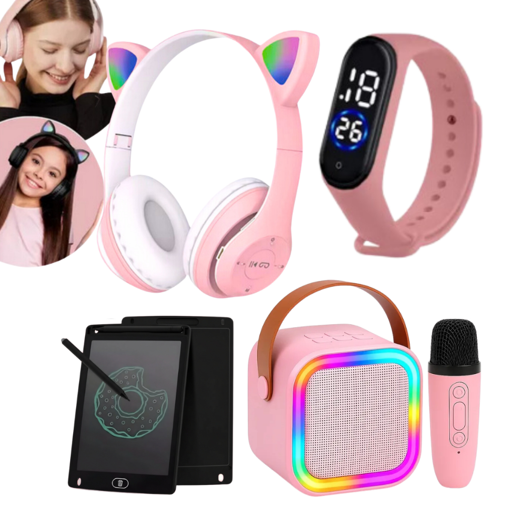 Kit Fone de ouvido Cat Gatinho Infantil + Caixa De Som Karaokê 1 Microfone + Relogio + Lousa Magica em Oferta na Shopee