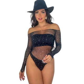 Body com Brilho Arrastão Manga Longa Transparente Preto em Oferta na Shopee
