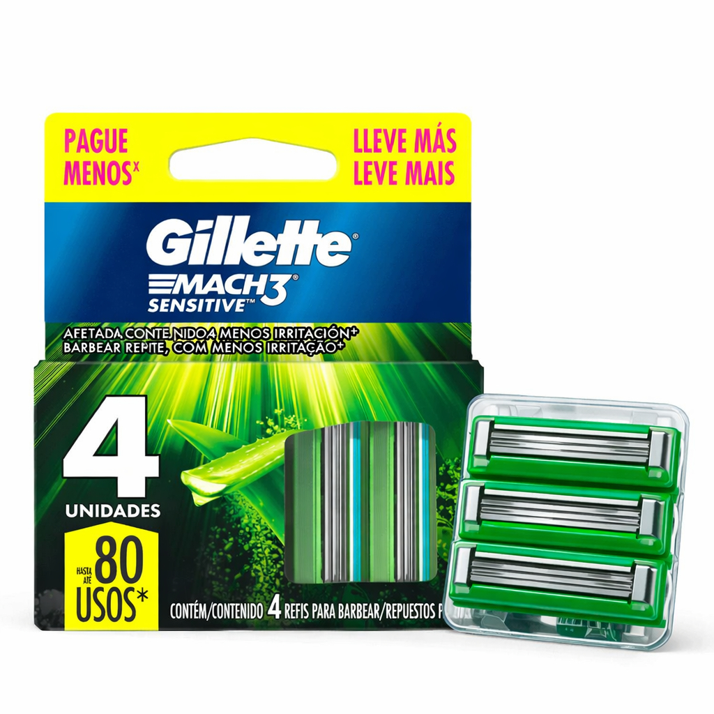 Carga Gillette Mach3 Sensitive Refil Lâmina De Barbear 4 Unidades