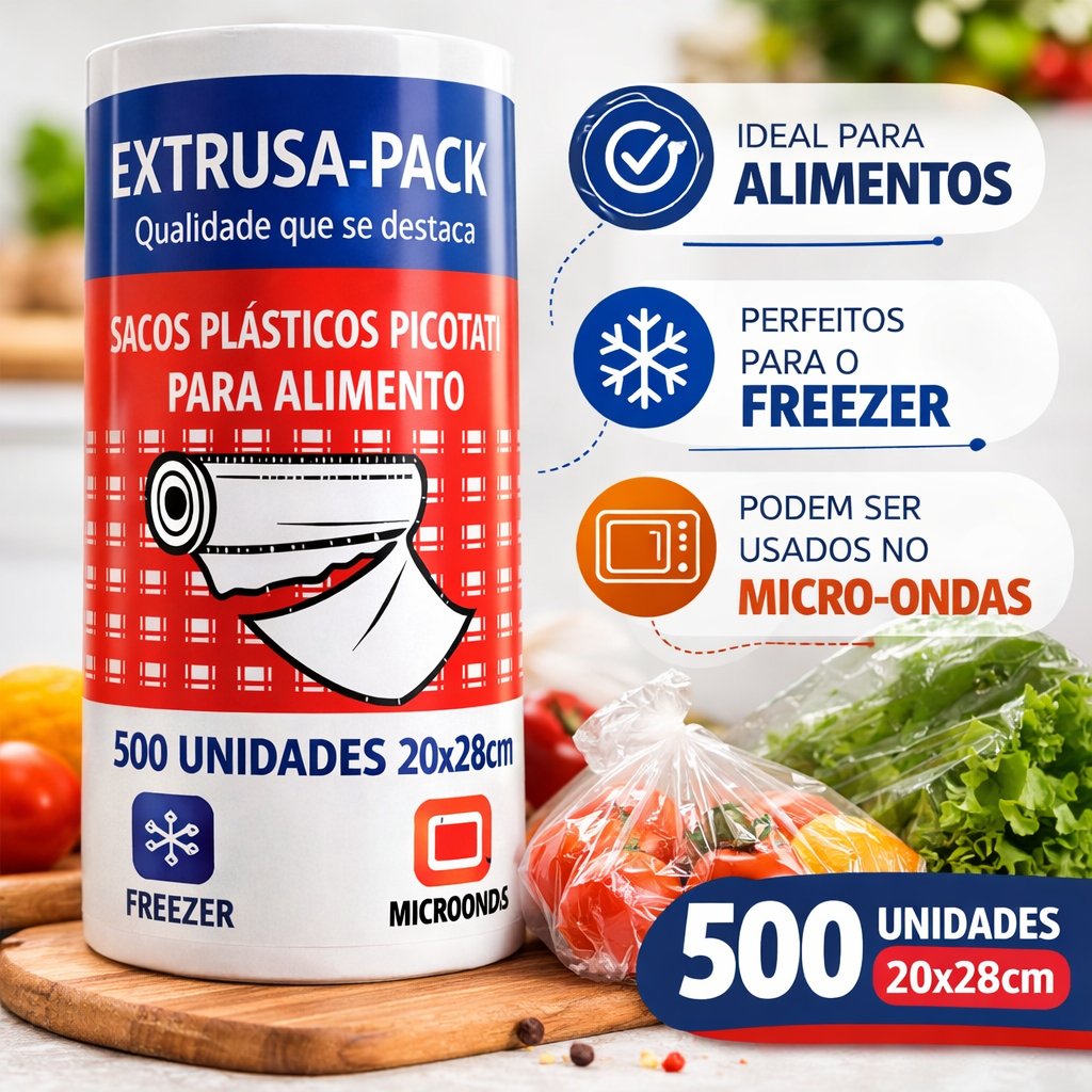 Saco Plástico para Alimentos 20x28cm 500 Unidades Picotado Rolo | Saquinho Transparente Freezer e Microondas