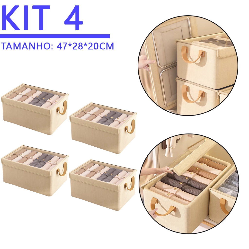 Kit 4 Caixas Organizadoras de Guarda Roupa Dobráveis com Tampa Cinza Bege 47x28x20cm em Oferta na Shopee
