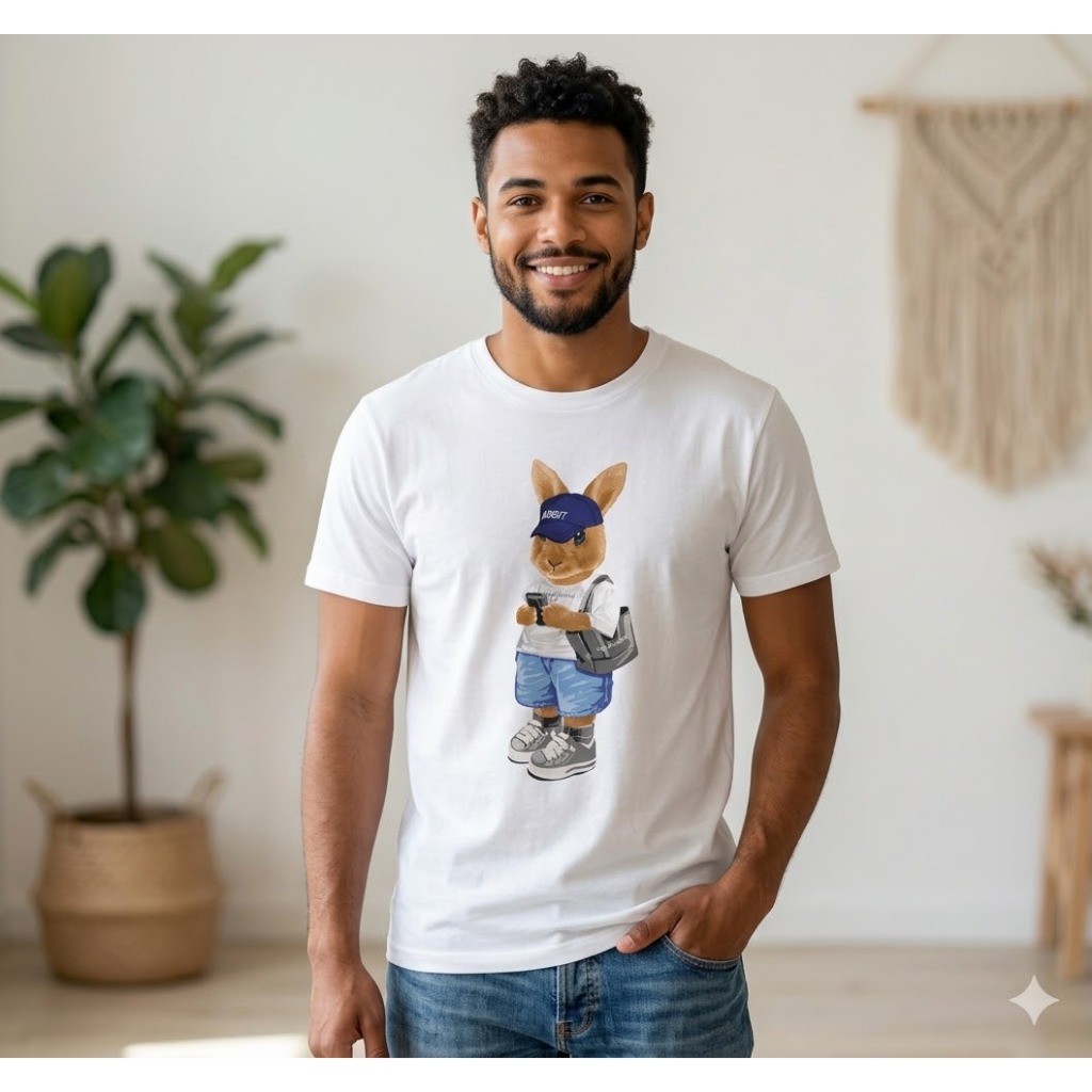 Camiseta Coelho Estiloso Blusa Unissex Tendência Streetwear Infantil, Juvenil  Adulto G1 ao G5