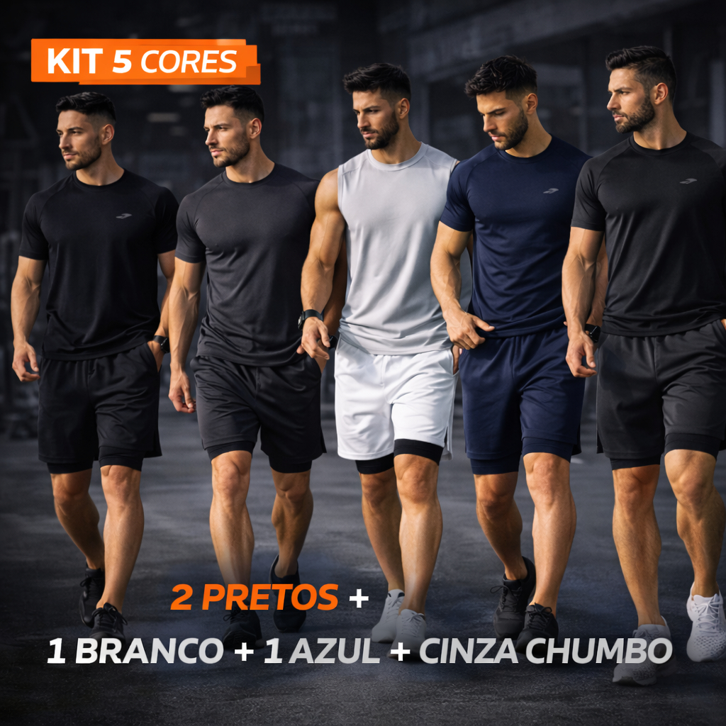 KIT 5 Shorts Dry Duplo Elastano Bermuda 2 em 1 Academia Masculina Treino Corrida Esportes