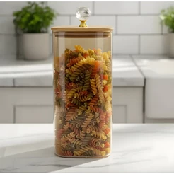 Pote de vidro Hermético Quadrado âmbar 1500ml com tampa de bambu e cristal Resistente Cozinha Dispensa