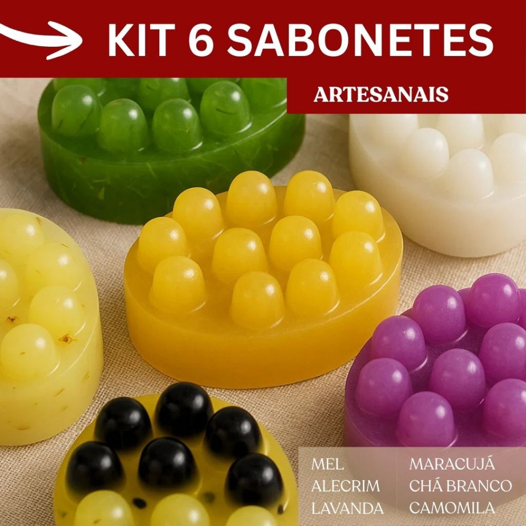Kit 6 Sabonetes Artesanais Aromáticos Experiência de Spa Camomila Lavanda Chá Branco Maracujá Mel Alecrim