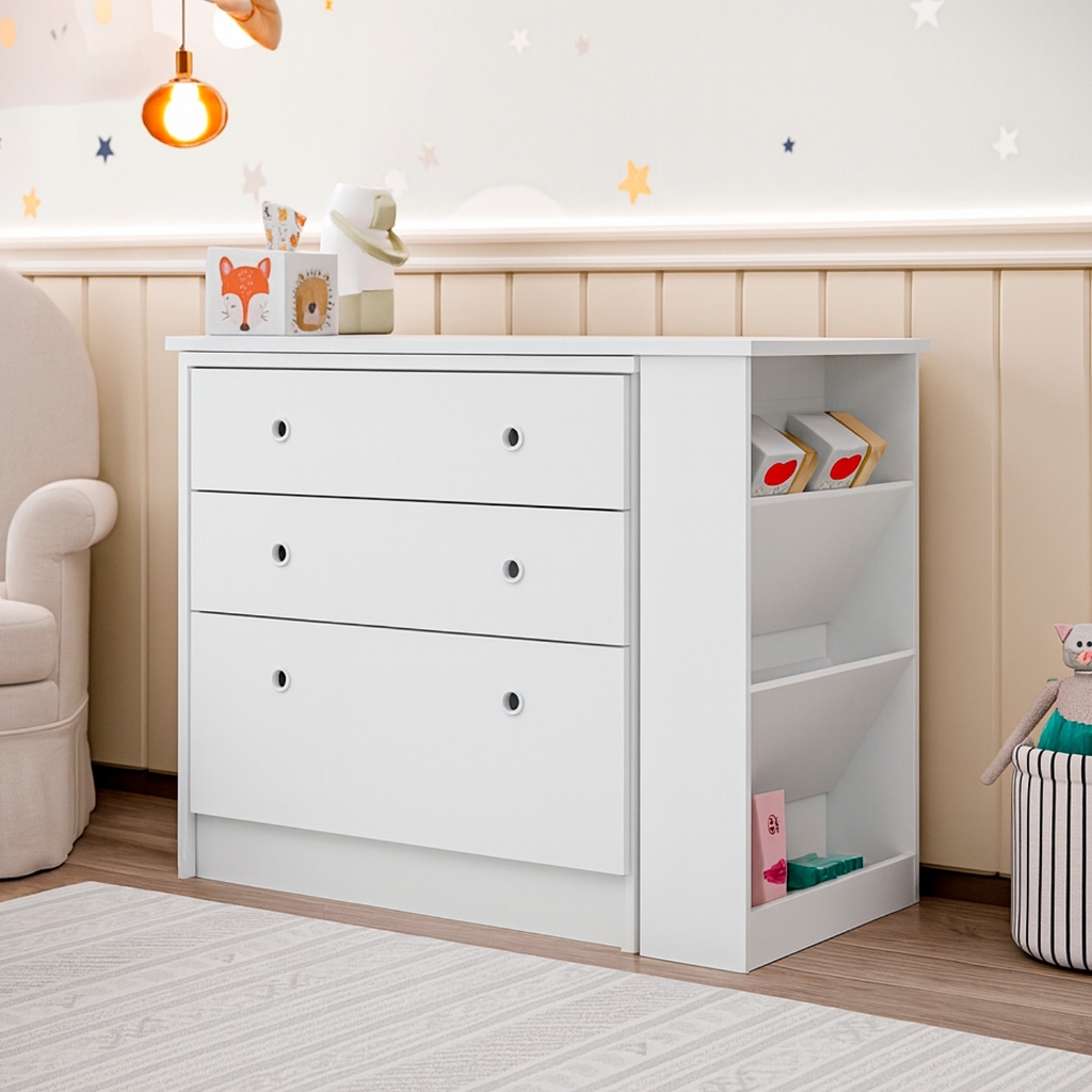Imagem Cômoda Giratória 3 Gavetas Branco Quarto Infantil bebe Organizadora Gaveteiro com trocador Multiuso