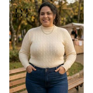 Blusa Feminina Tricot Plus Size Gola Alta Manga Longa Suéter Tricô Trançado Punho Justo Inverno em Oferta na Shopee