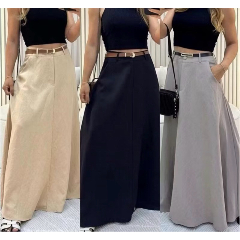 SAIA RODADA LONGA FEMININA ALFAIATARIA MODA EVANGÉLICA CASUAL BÁSICA INVERNO CINTURA ALTA ELEGANTE TENDÊNCIA