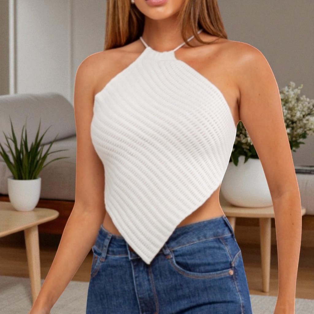 Blusa Cropped Top Lenço em Tricot Modal Feminino Inverno Com Amarração Nas Costa Premium Verao