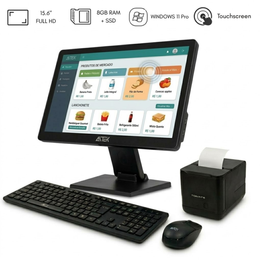 Kit Computador PDV Touch 15.6 Completo + Impressora Térmica 80mm Sistema Caixa Automação Comercial