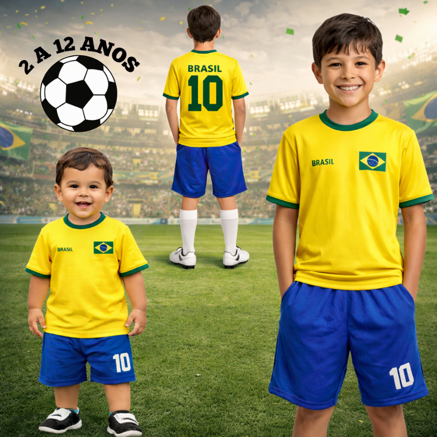 Conjunto Infantil do Brasil - Camiseta Infantil do Brasil + Bermuda Infantil do Brasil Kit 2 Peças
