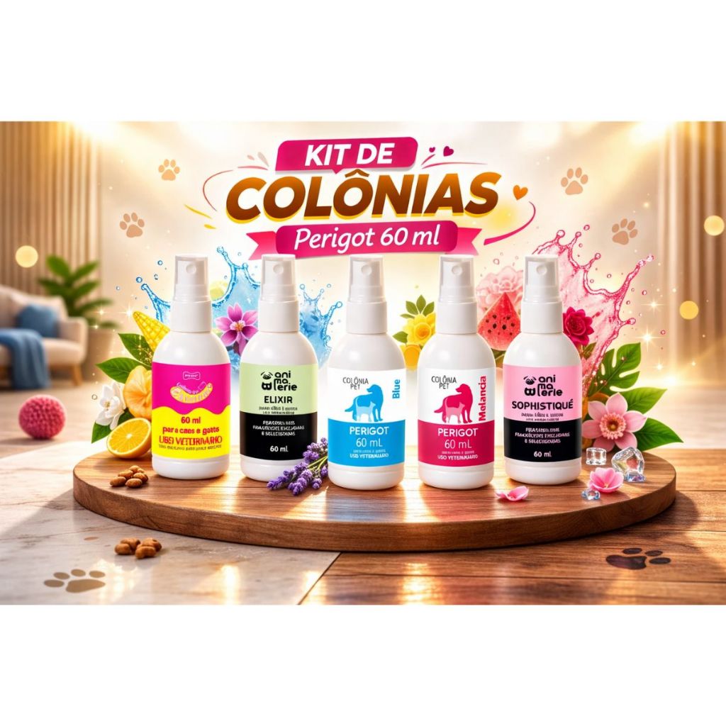 Kit Com 5 Colônias Pet Perigot 60ml para Cães e Gatos | Perfume Veterinário Cheiro Duradouro