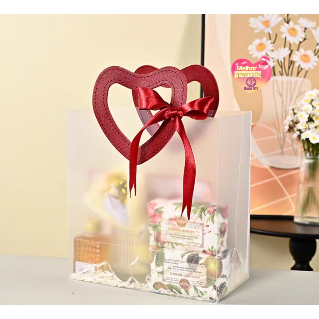 10 Bolsas Sacola Fosca VERMELHO Plástica De Presente Alças CORAÇÃO Par Dia Das Namorados e Dia das mães