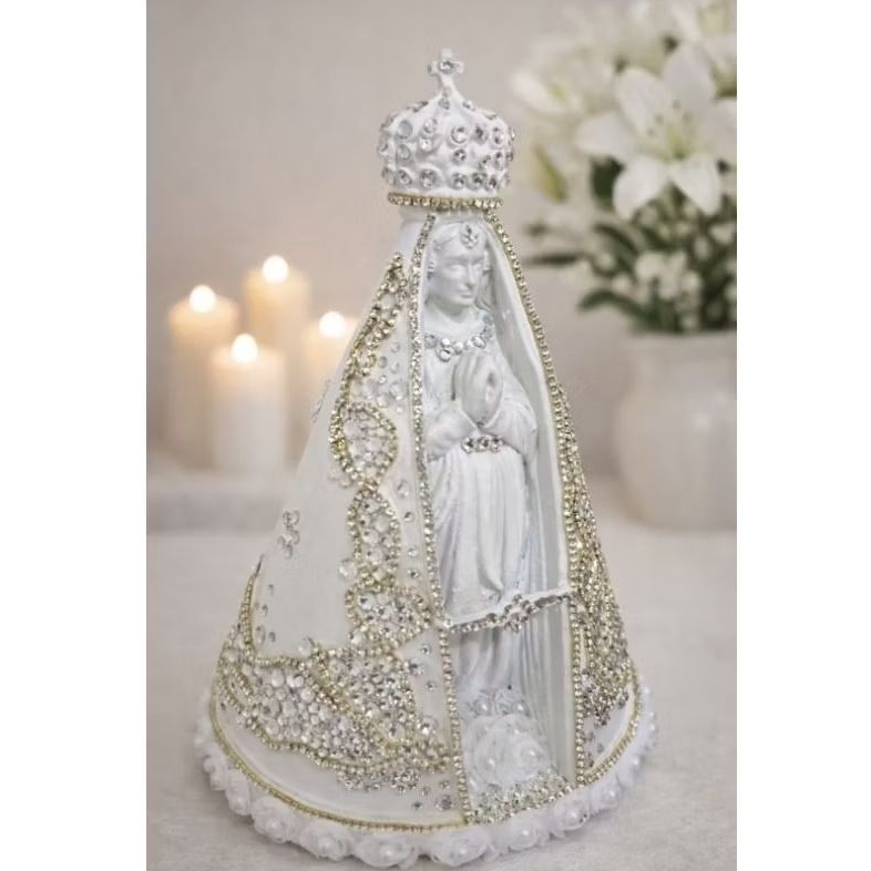 Nossa Senhora Aparecida  Luxo com Pedrarias | Pintada à Mão | Imagem Católica Decorativa para Altar