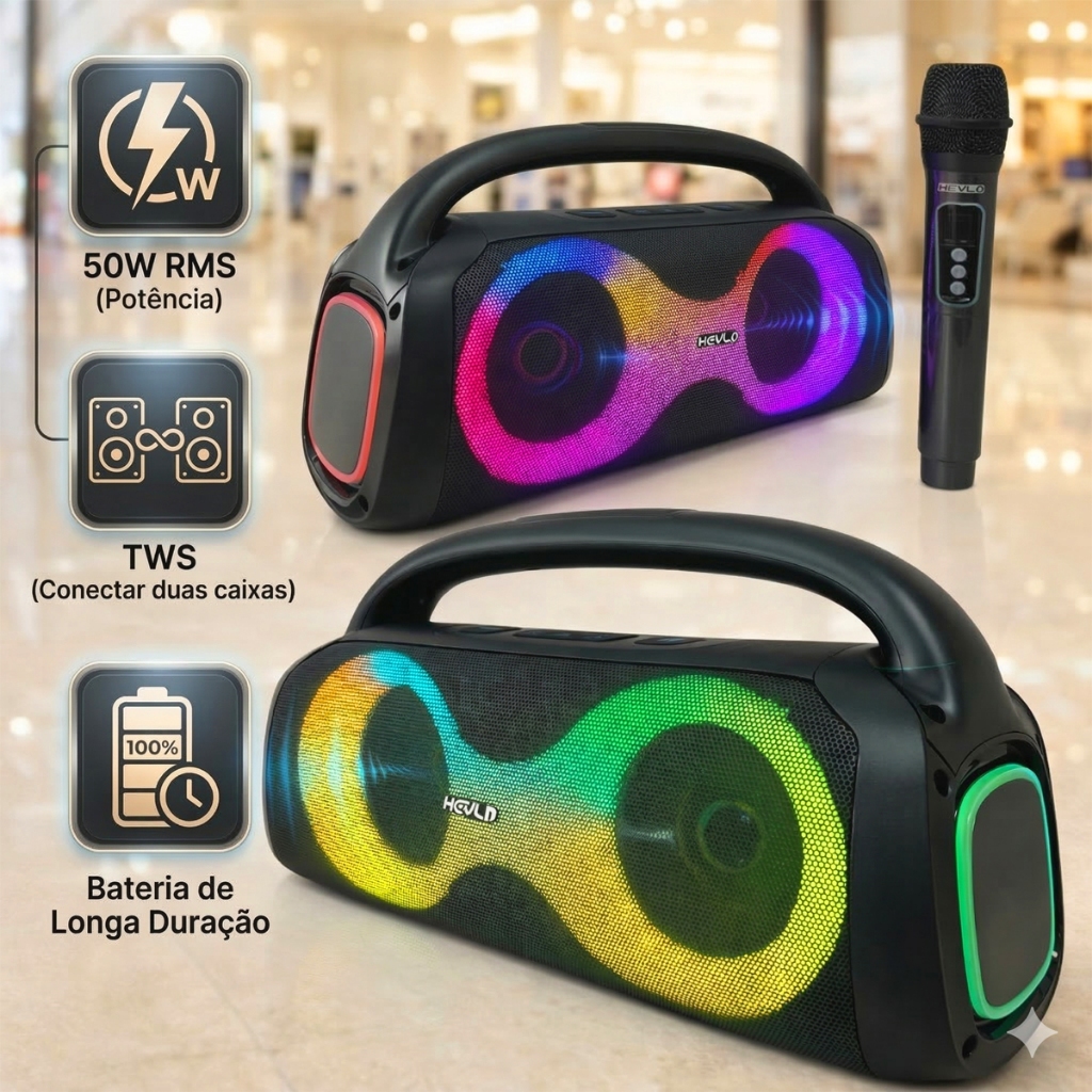 Caixa de Som Bluetooth 50W RMS Portátil + Microfone Karaokê LED RGB TWS FM Recarregável