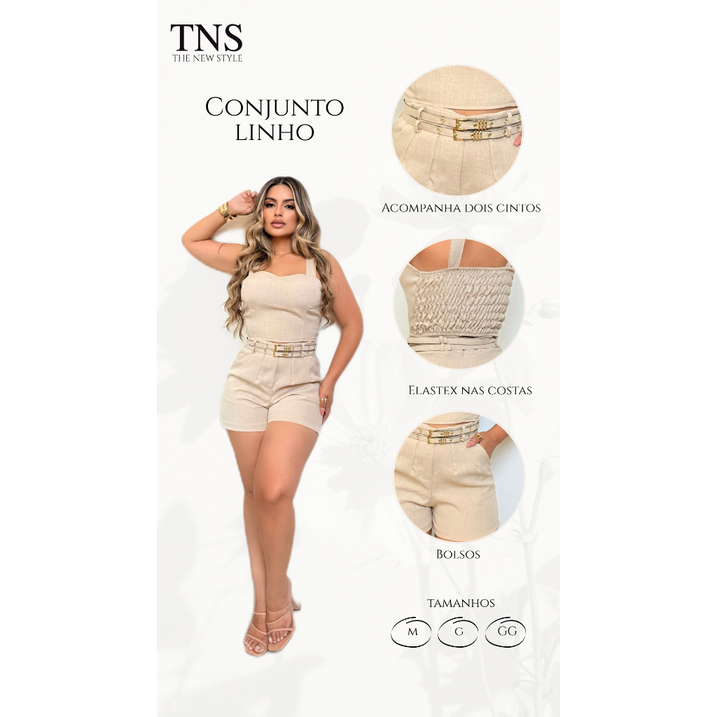 Conjunto Feminino Alfaiataria Linho Short Cintura Alta Modela Corpo Elegante Premium