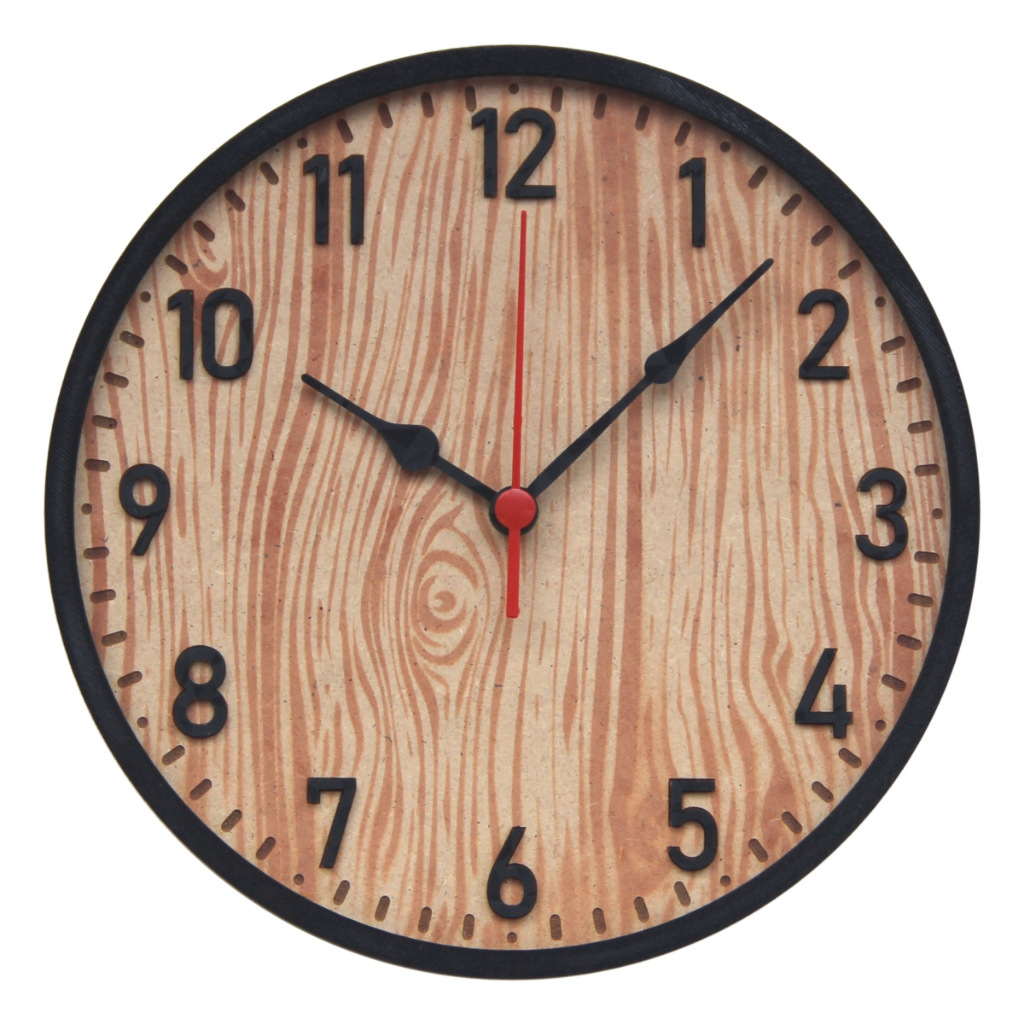 Relógio de Parede Redondo com Textura Amadeirada e Moldura Preta 25cm