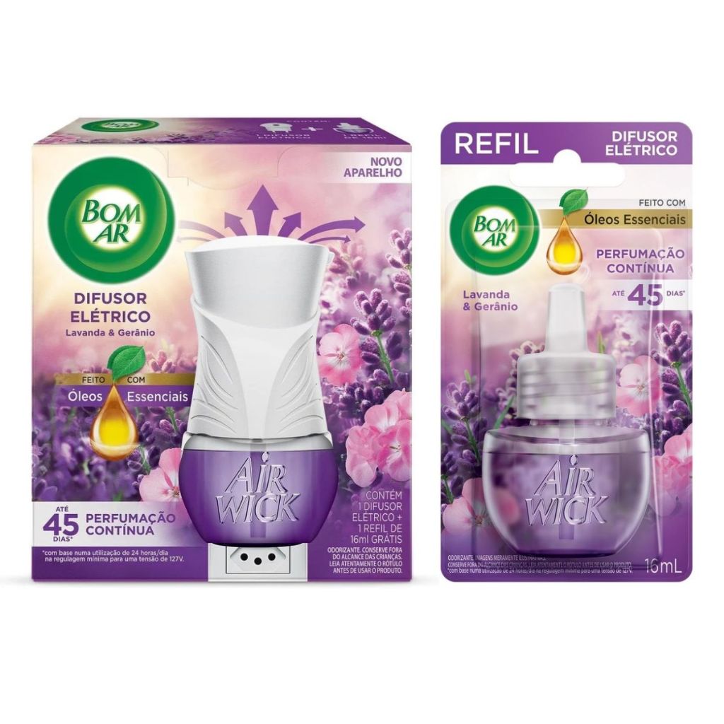 Kit Difusor Elétrico Bom Ar / Air Wick + 2 Refis Aromatizador de Ambiente -  Até 45 Dias Cada