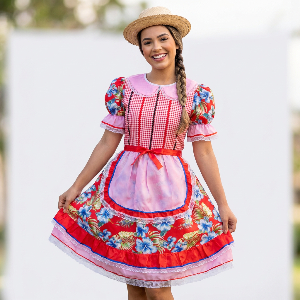 Vestido Festa Junina Juvenil e Adulto Feminino Caipira Luxo São João Quadrilha Floral Arraiá Com Fita