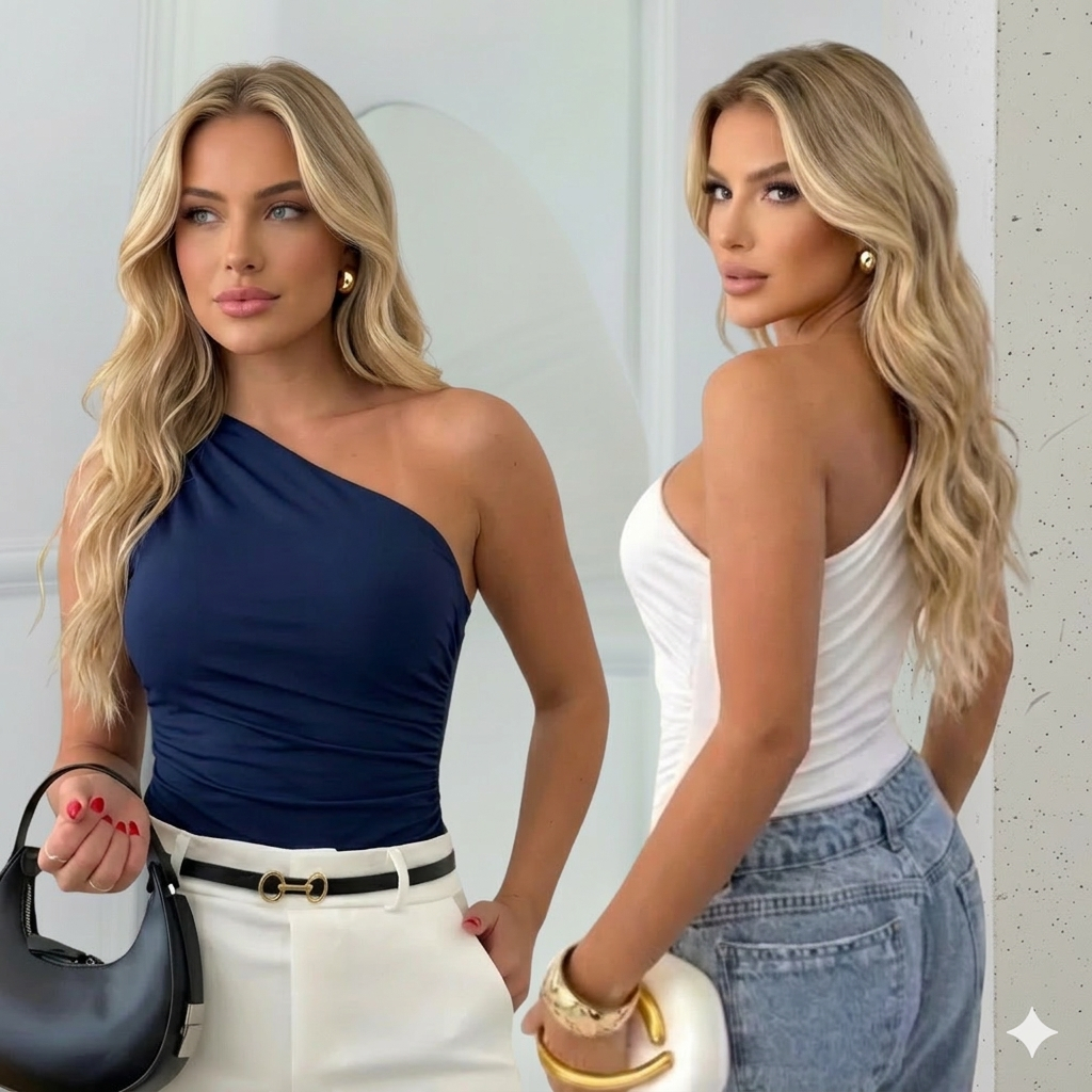 Body Feminino Manga Mula Forro Duplo Um Ombro Só Assimétrica Regata Plissado Verão Blogueira