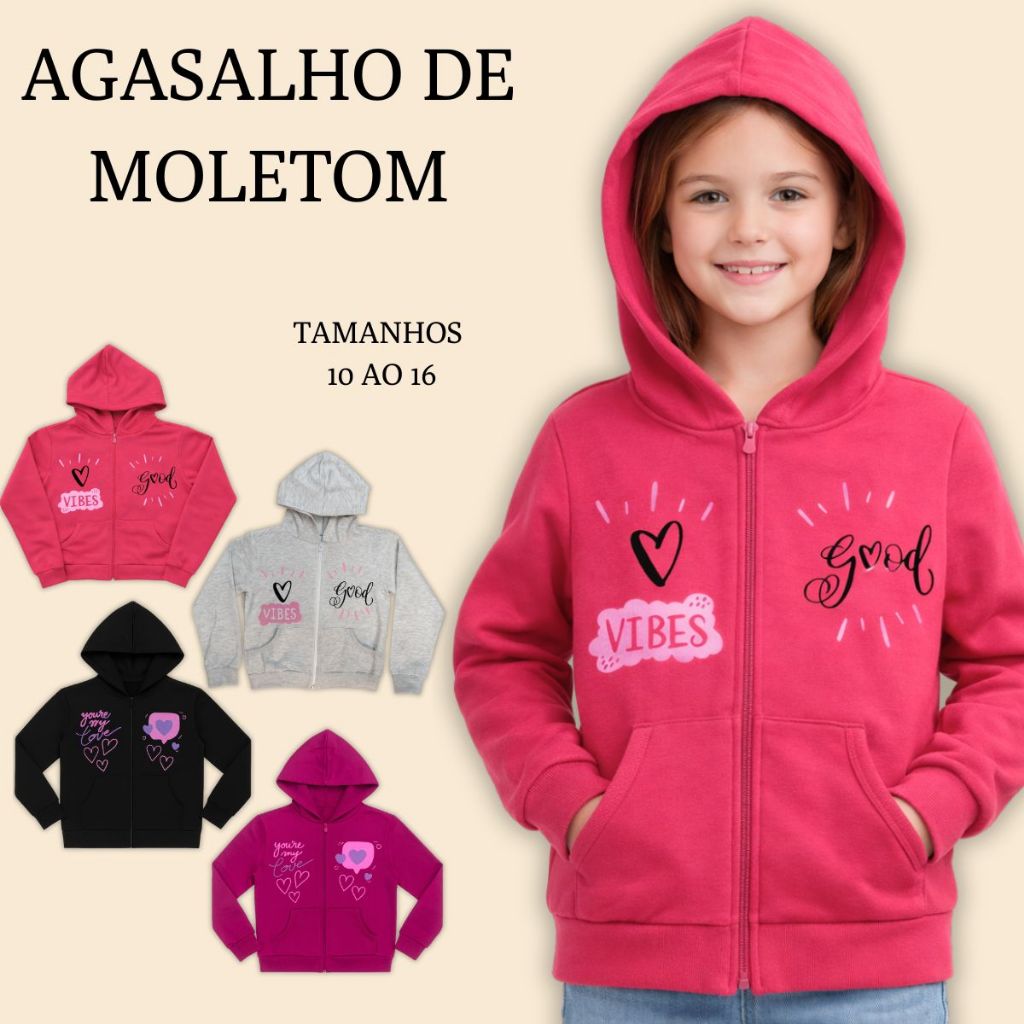 Casaco Agasalho Blusa de Frio Jaqueta Feminina Juvenil Moletom Peluciado com Capuz com Bolso Ziper e Estampa 3181-A