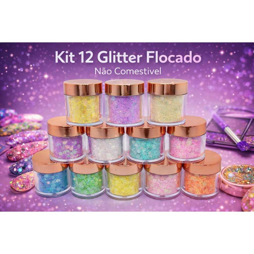 Kit 12 Glitter Flocado Tons Pastéis P Unhas, Maquiagem e Artesanato Não Comestível | Nail Art e Resina LUX222-007-10-2