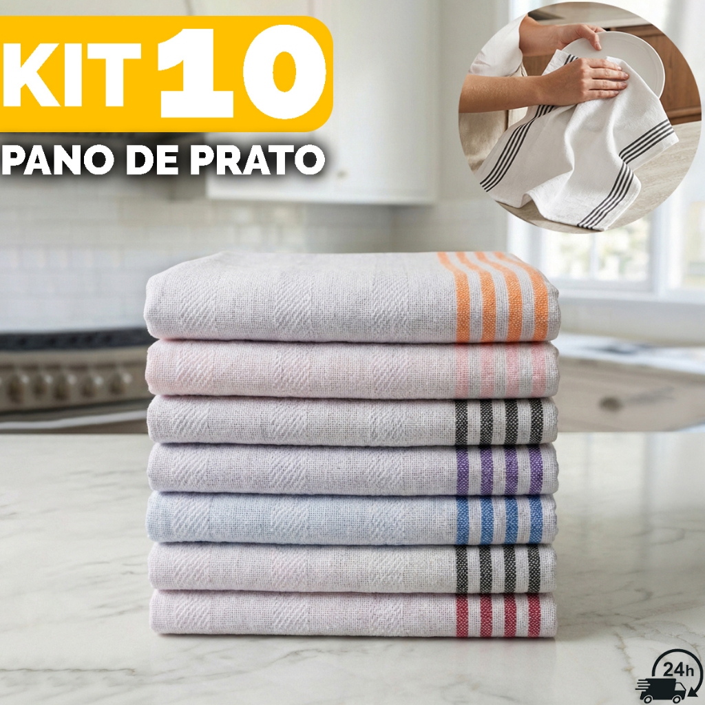 Kit 10 Panos De Prato Listrado Cozinha Algodão Macio Pano De Copa Premium