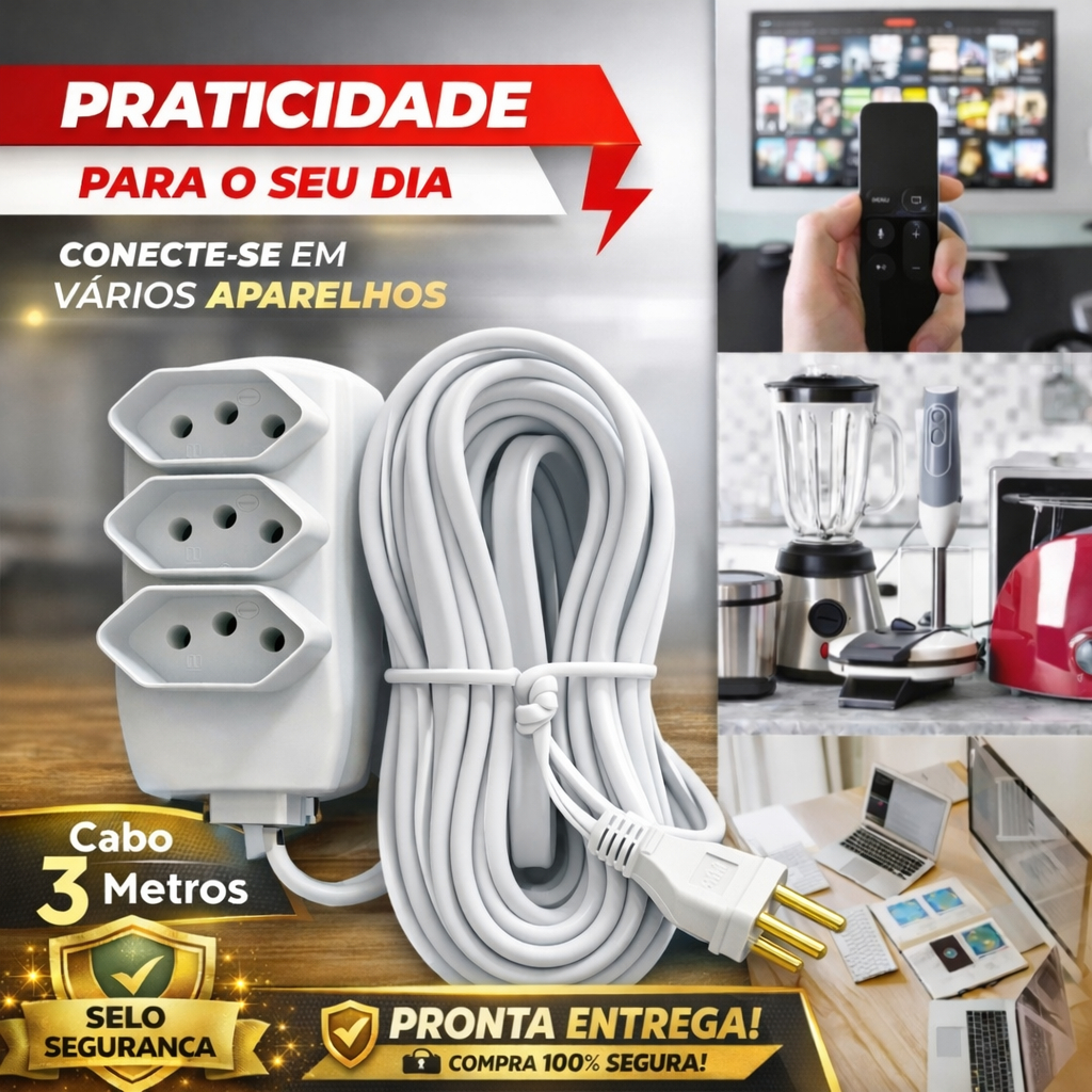 Extensão Elétrica cabo PP 2P+T 3 Metros Fio Reforçado 3 Tomadas Tripolar Bivolt 10A em Oferta na Shopee