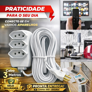 Extensão Elétrica cabo PP 2P+T 3 Metros Fio Reforçado 3 Tomadas Tripolar Bivolt 10A em Oferta na Shopee