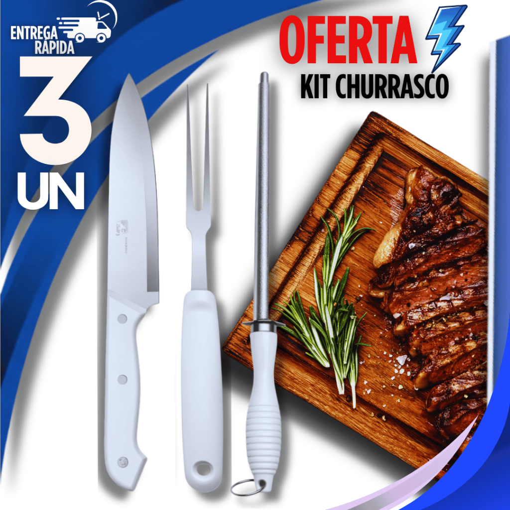 Combo Churrasco Profissional Faca 8'' Chaira Fusível Afiadora de Faca e Garfo Trinchante Inox
