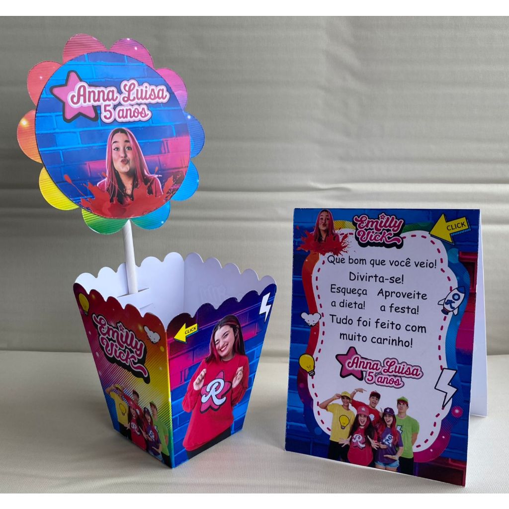 Kit Centro de mesa Emilly Vick Chiclete Personalizado com Nome | Cachepot Festa Infantil Aniversário Chá