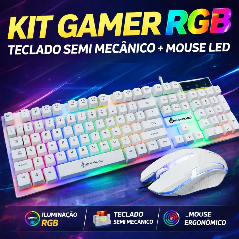 Kit Gamer Teclado Semi Mecânico + Mouse RGB Master D280 LED Iluminado USB para PC e Notebook – Branco