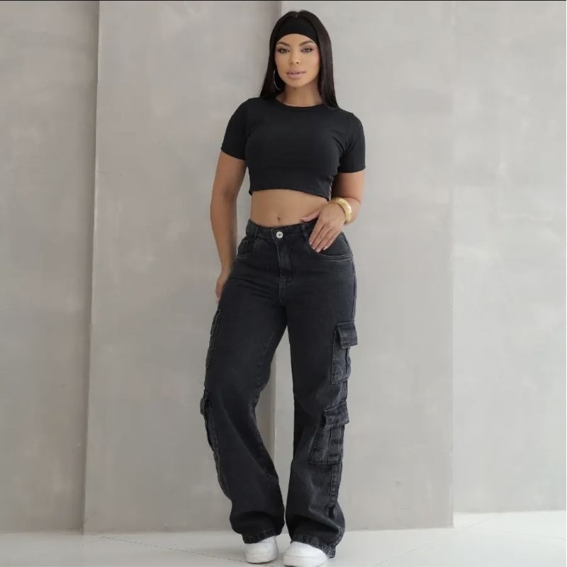 Calça Jeans Cargo Feminina Grafite Wide Leg Cintura Alta 4 Bolsos Laterais Moda Blogueira Pantalona Jeans Tendência