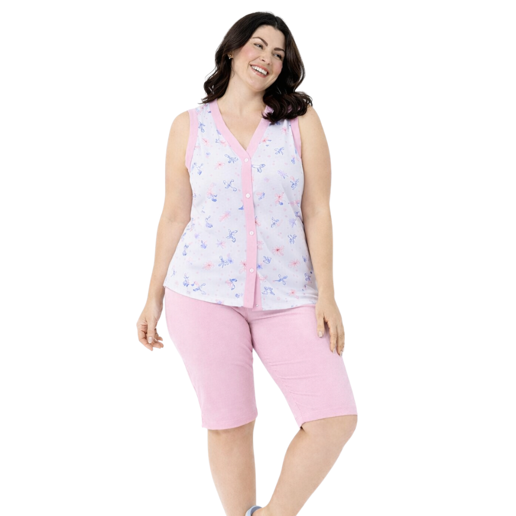 Pijama Feminino Pescador Regata Com Botões Bermuda Capri Verão Senhora Conforto