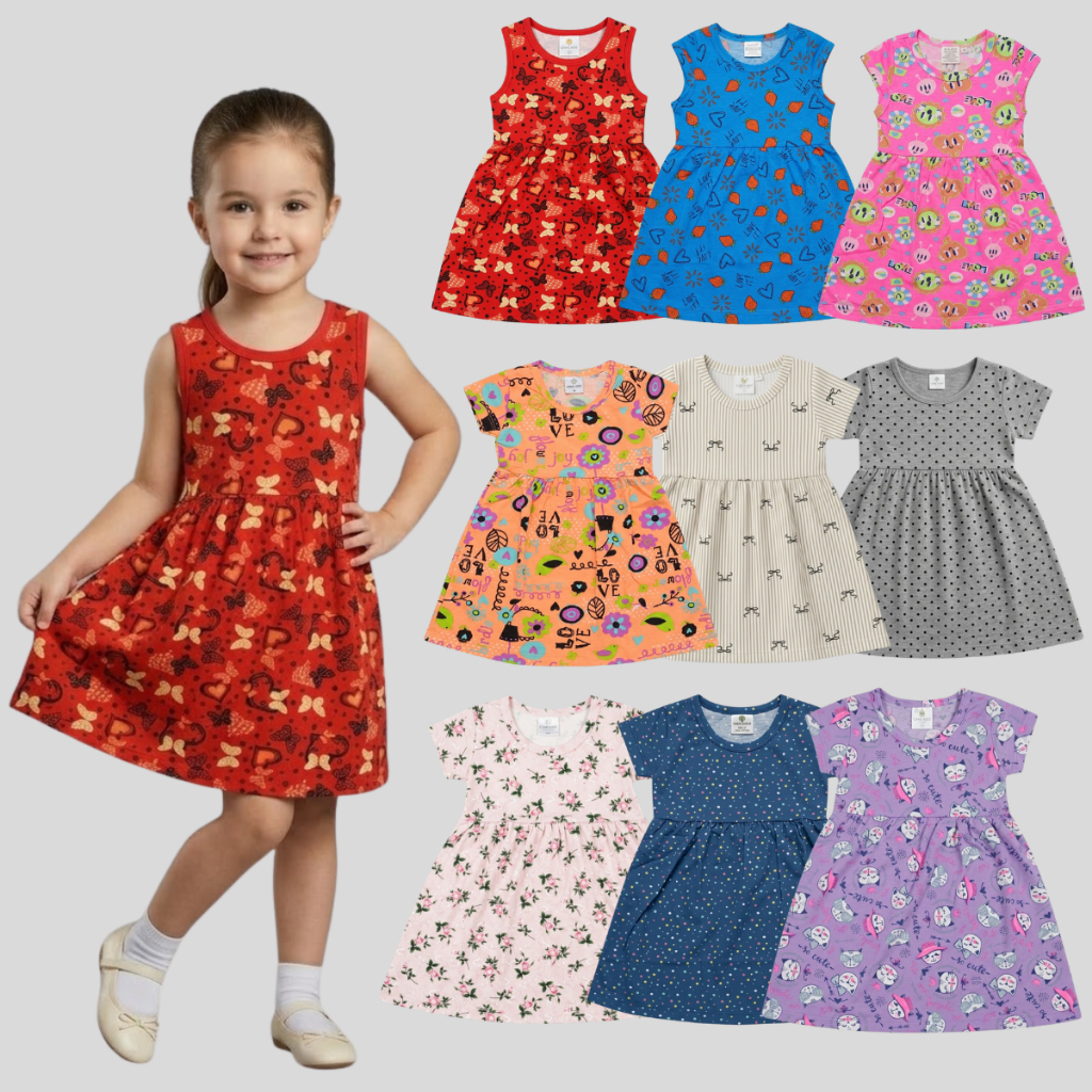 Kit 3 Vestidos Menina Infantil Estampas Diversas Tendência Moderna Roupa Menina Sortida Conforto