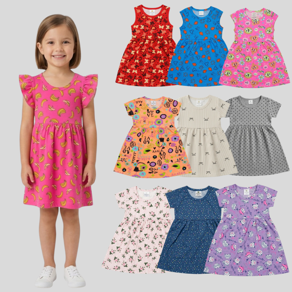 Kit 6 Peças Vestido Menina Infantil Estampas Diversas Alta Qualidade Dia a Dia Roupa Sortida Conforto