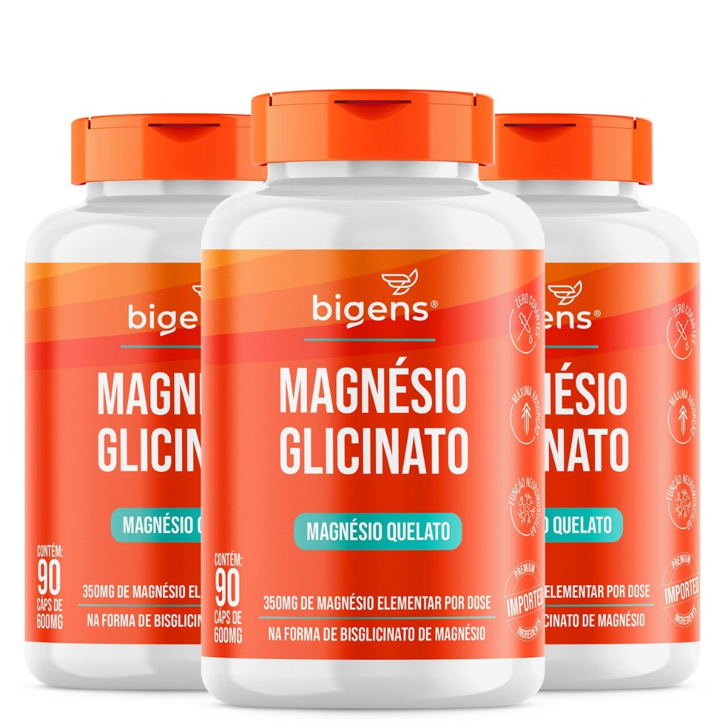 Kit 3x Magnésio Glicinato, Quelato, 350mg de magnésio elementar, 90 Cápsulas, Bigens em Oferta na Shopee