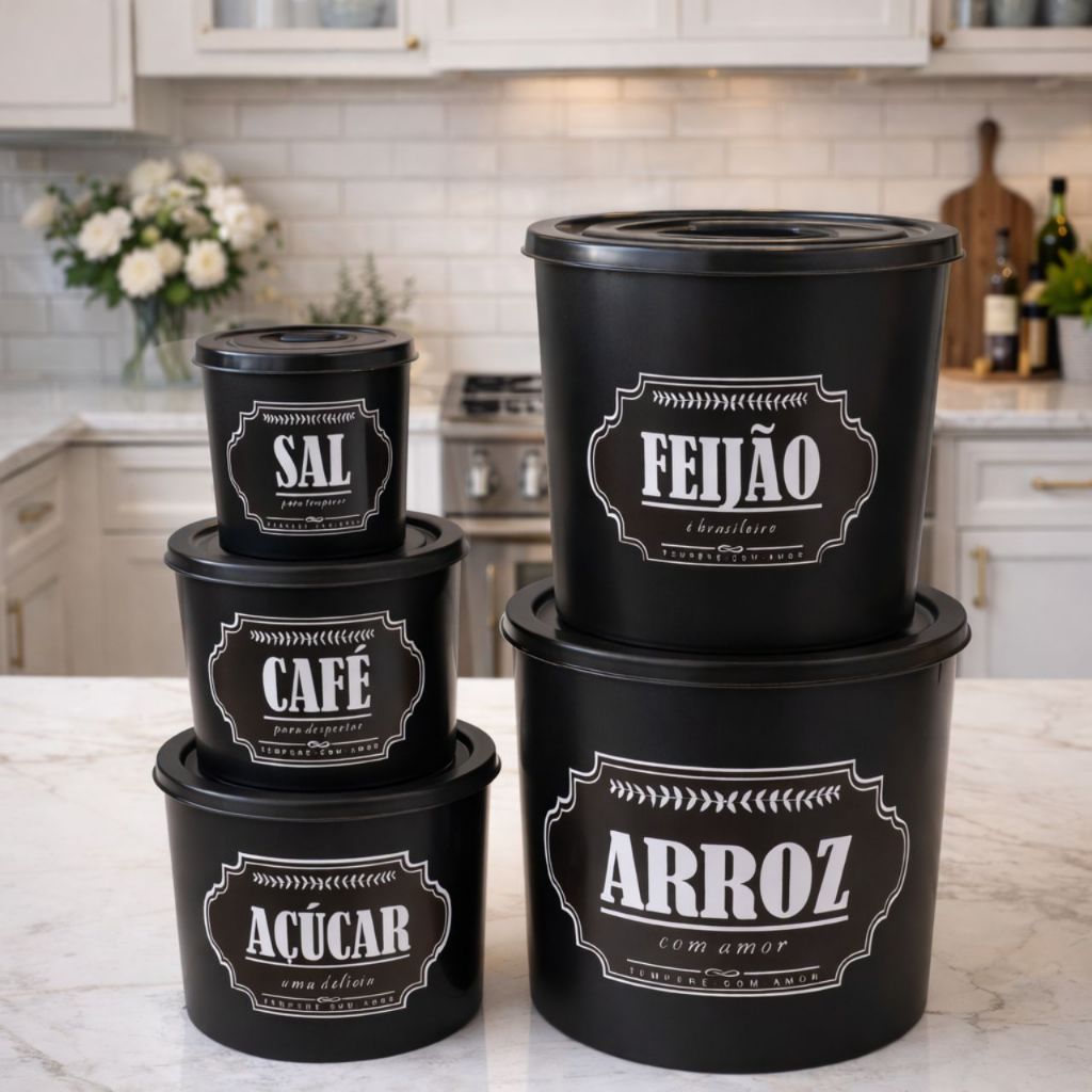 Kit Conjunto 5 Potes Mantimentos Organizadores Clássico Decorado Frases Cozinha Casa