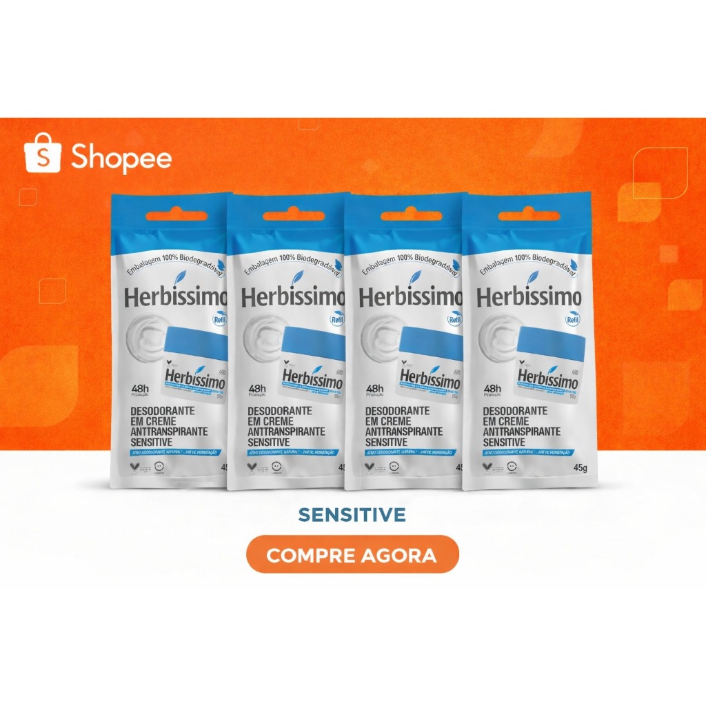 Kit 4 Sachê Refil Desodorante Creme Antitranspirante Sensitive Herbissimo 45G
