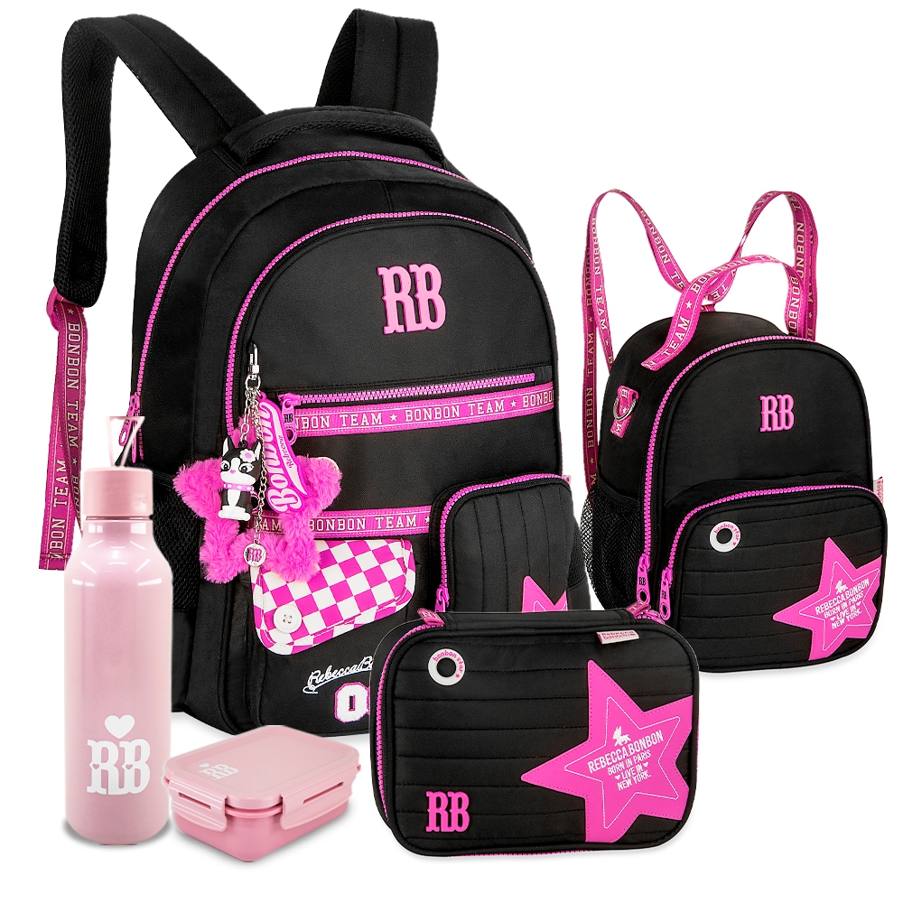 Kit Mochila Rebecca Bonbon Lancheira Térmica Estojo Grande Escolar Soft RB Bolso Anti-Furto