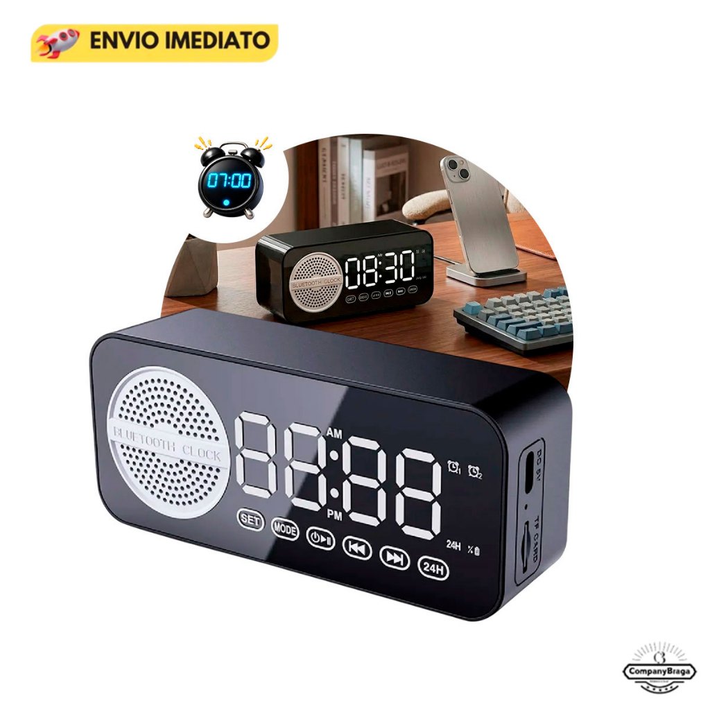 Rádio Despertador Retrô com Bluetooth e Exibição de Horas
