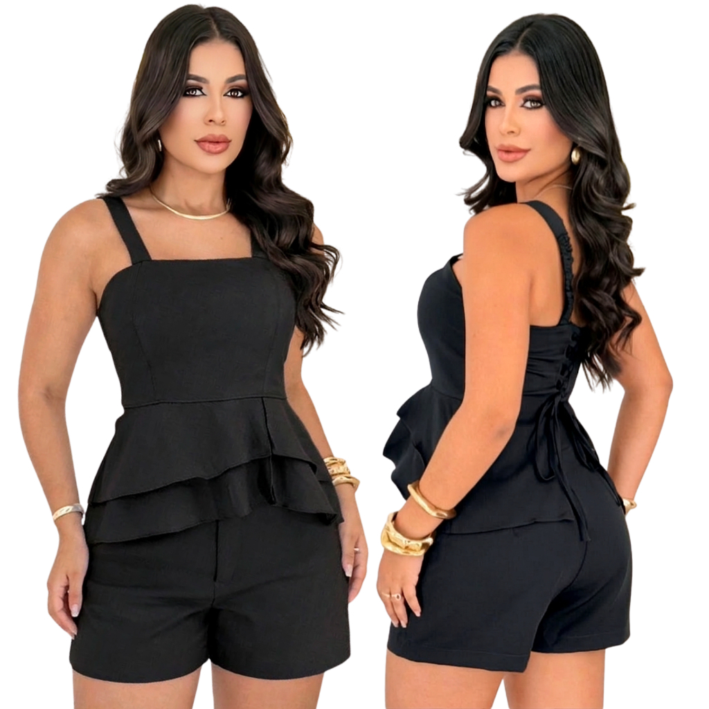 Conjunto Feminino Alfaiataria Short e Blusa Peplum Elegante Moda Casual Social Tendência — foto 3