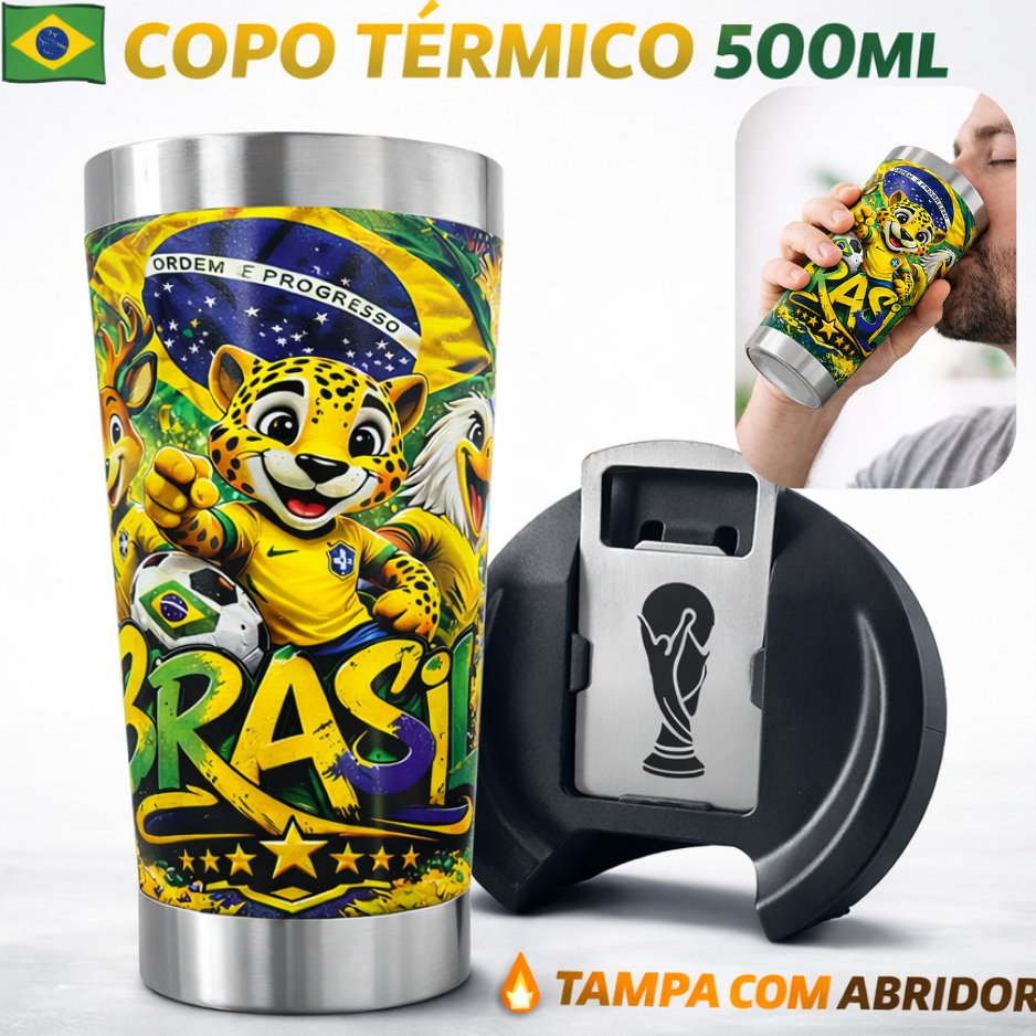 Copo Térmico 500ml Tema Brasil Mascotes – Copo Da Copa Do Mundo Mantém Bebida Gelada Tampa Abridor