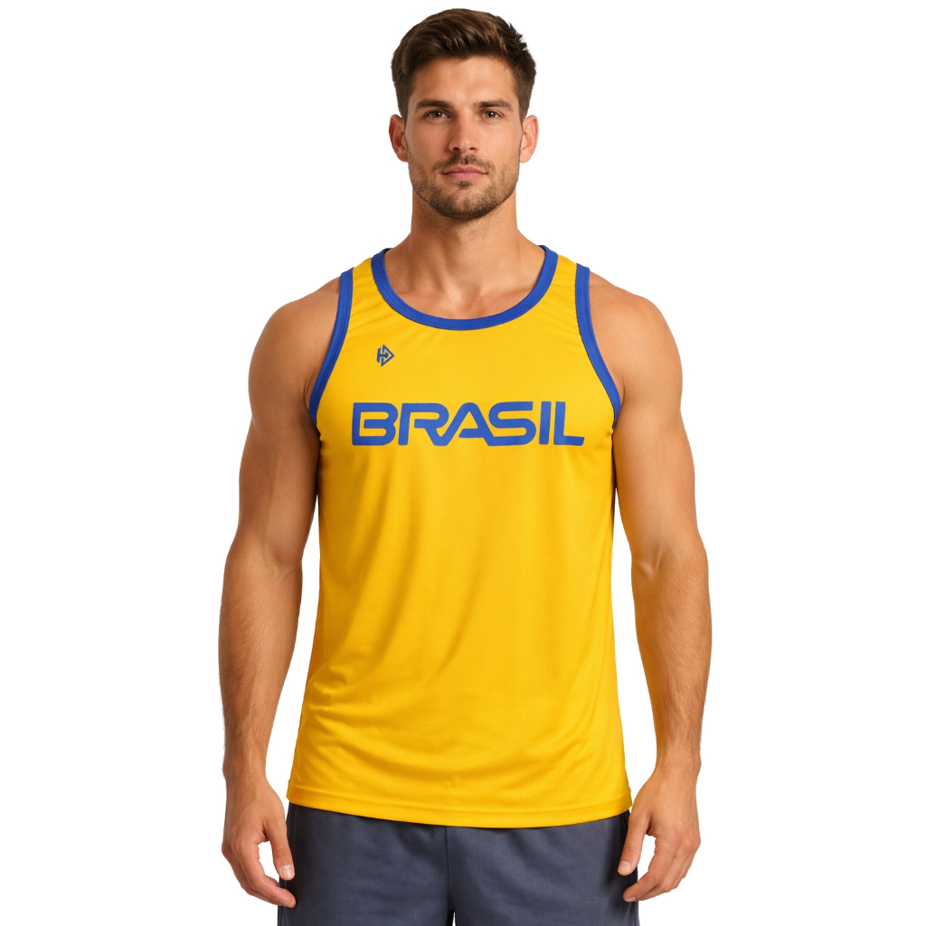 Regata Brasil Masculina Dry Fit Academia Futevôlei Basquete Praia Copa do Mundo Verde Amarela